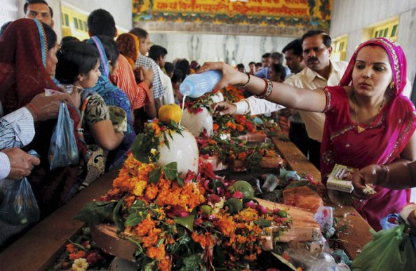 Devotees worshiping Lord Shiva on the occasion of Maha Shivaratri festival at a temple in Allahabad. (PTI)