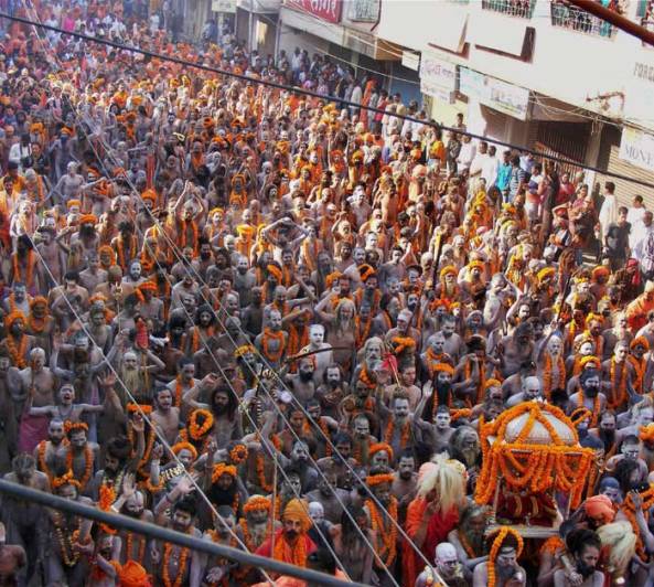 Naga Sadhus take out a procession on the occasion of Maha Shivratri festival in Varanasi. (PTI)